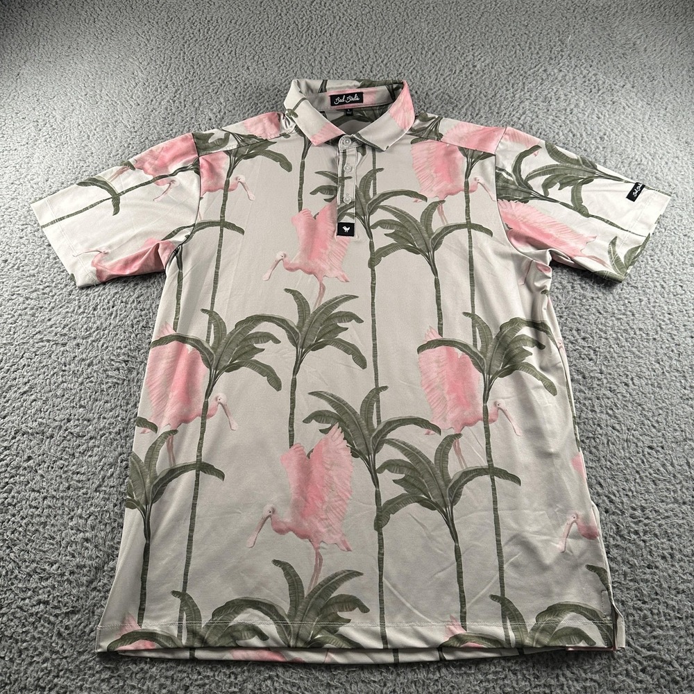 Bad Birdie Golf Polo Shirt Mens L Pink‎ Palm Flamingo Print Stretch Performance